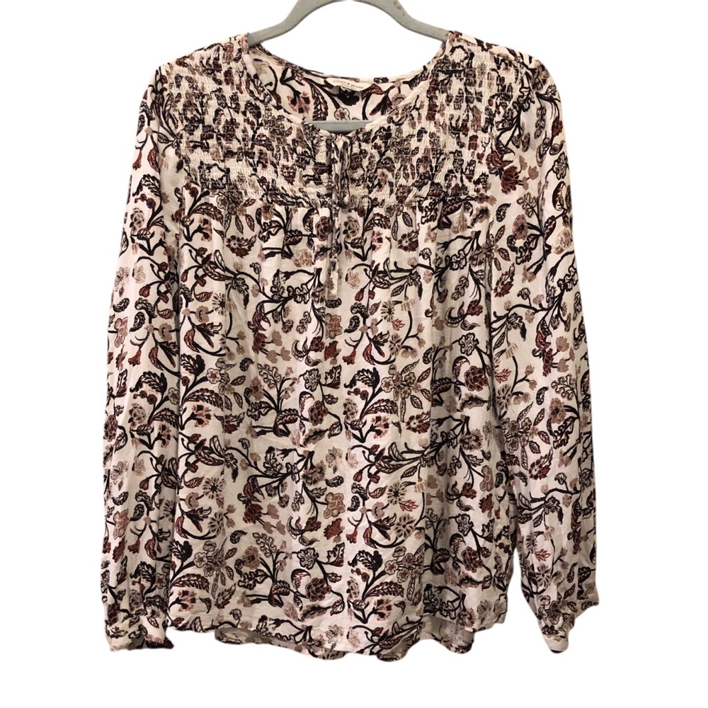 Lucky Brand Cream Floral Smocked Long-Sleeve Blouse